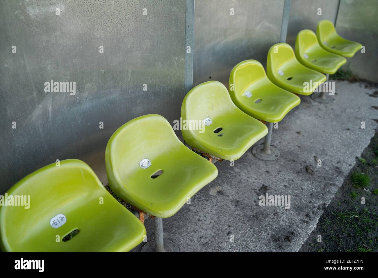Hanover, Deutschland. 16th Apr, 2020. Substitution bench in the Rudolf Kalweit stadium of Arminia Bielefeld. GES/Daily life during the corona crisis in Hanover: Amateur Sports, Germany. 04/16/2020 | usage worldwide Credit: dpa/Alamy Live News Stock Photo