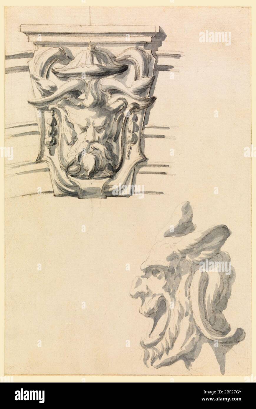 Design for a keystone and a mask. Above, the keystone with two escutcheons, the uppermost with a bearded mask with horns and donkey's ears. Laterally, the cornices of an entablature. Below, a similar mask with open mouth, seen in profile. Stock Photo