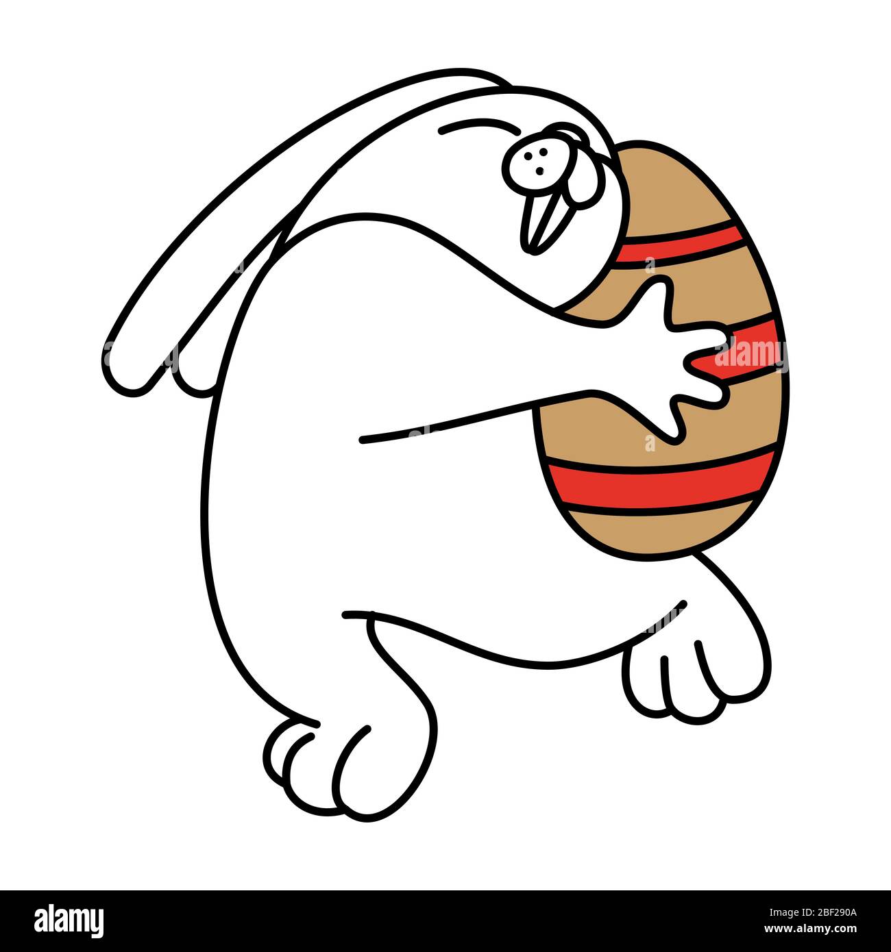 Cartoon white rabbit dancing with chicken egg. Contour design of an easter bunny. Symbol for web sites on a white background Stock Vector
