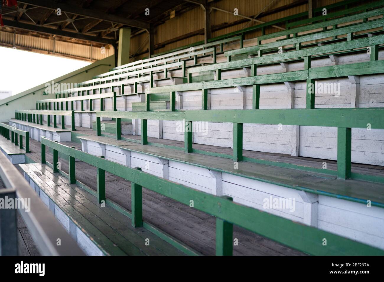 Hanover, Deutschland. 16th Apr, 2020. Grandstand in the Rudolf Kalweit Stadium of Arminia Bielefeld. GES/Daily life during the corona crisis in Hanover: Amateur Sports, Germany. 04/16/2020 | usage worldwide Credit: dpa/Alamy Live News Stock Photo