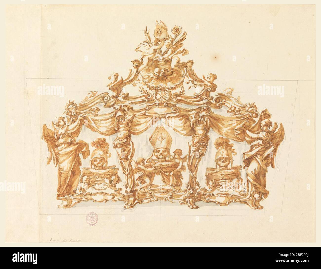 A Reliquary for Three Skulls. The image is in a horizontal rectangle. A box with a pediment is shown, whose general shape is that of a triangle. The front consists of a base and two angels at the corners and two gaines of empty armors inside. Stock Photo