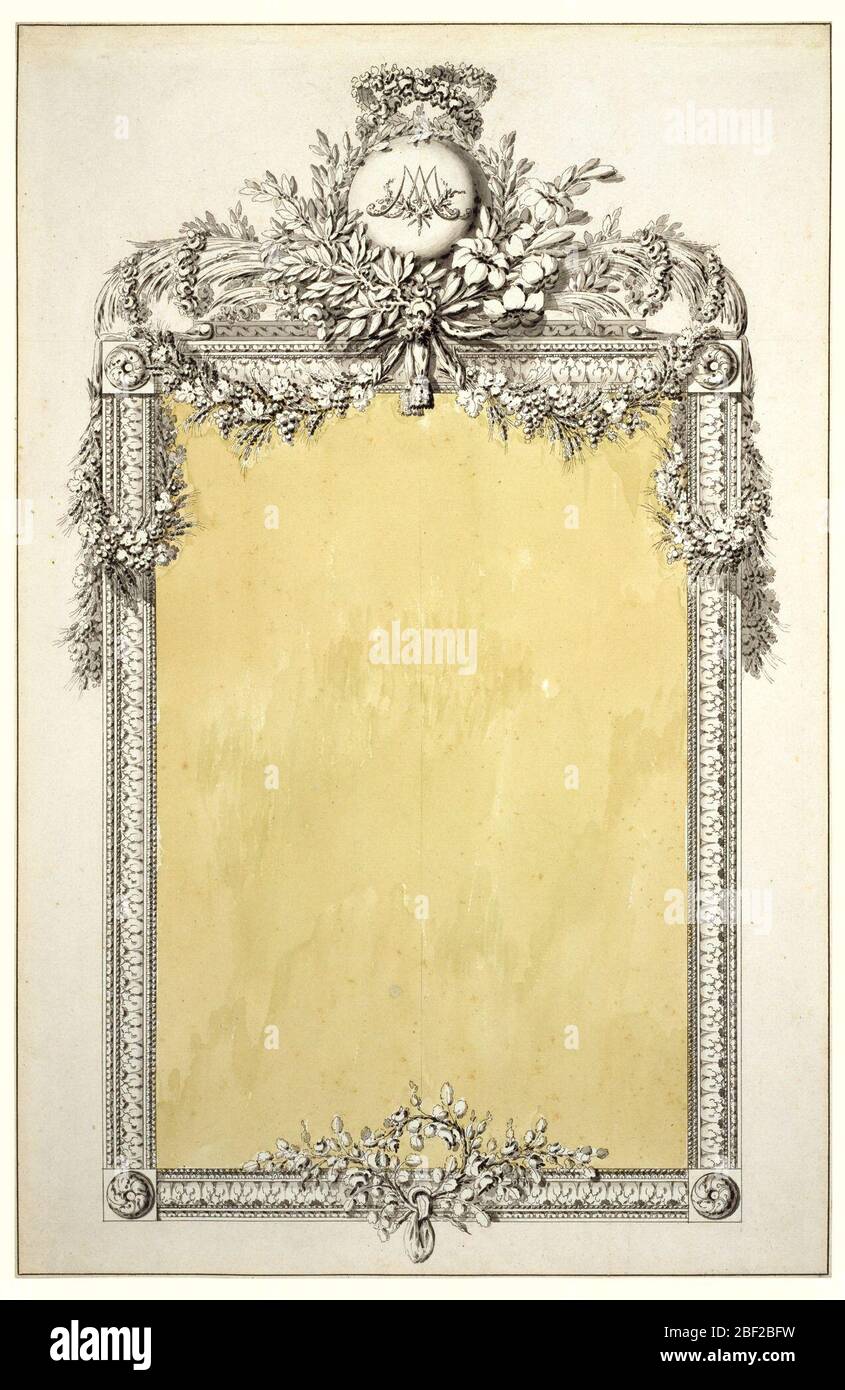 Design for a Mirror Frame with Monogram of MarieAntoinette. Vertically oriented rectangular mirror framed with moldings intertwined with floral garlands at the top. The garlands and other floral motifs frame a sphere with Marie Antoinette's monogram. Stock Photo