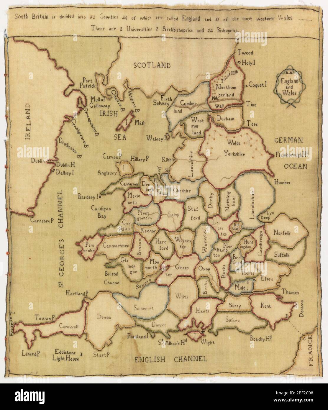 Map sampler. Map showing all the countries of England and Wales, with portions of Scotland, Ireland and France. Embroidered inscription at top: 'South Britain is divided into 62 counties 40 of which are called England and 12 of the most western Wales. Stock Photo
