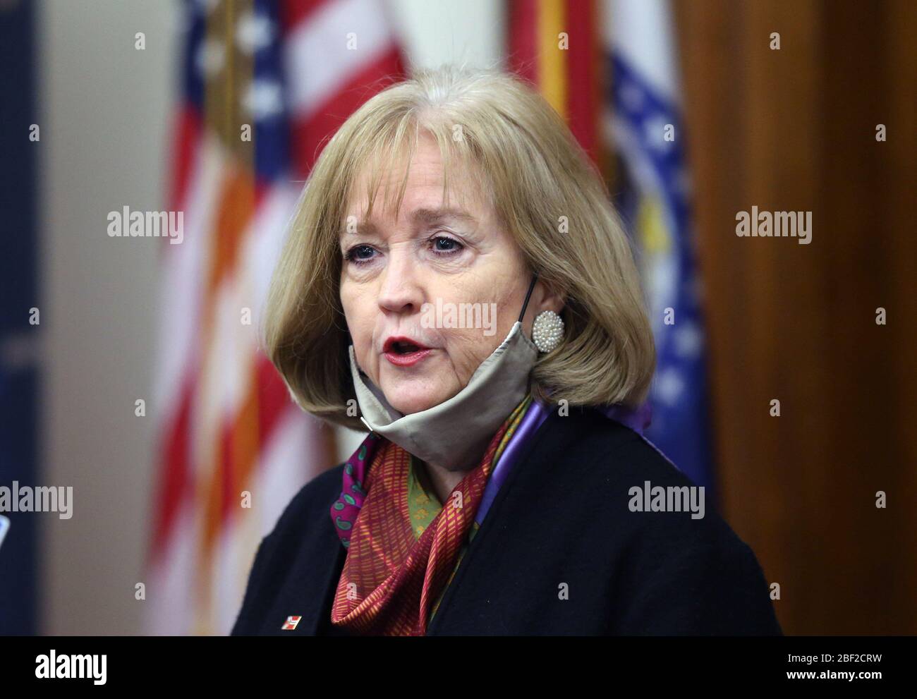 St. Louis, United States. 16th Apr, 2020. St. Louis City Mayor Lyda Krewson speaks to reporters during a press conference at City Hall in St. Louis on Thursday, April 16, 2020. Krewson announced an extension of the stay-at-home order and it will stay in effect indefinitely. Krewson said they will reevaluate the order in the next two or three weeks. Currently, St. Louis City has 743 cases of coronavirus and 27 deaths, as a result. Photo by Bill Greenblatt/UPI Credit: UPI/Alamy Live News Stock Photo