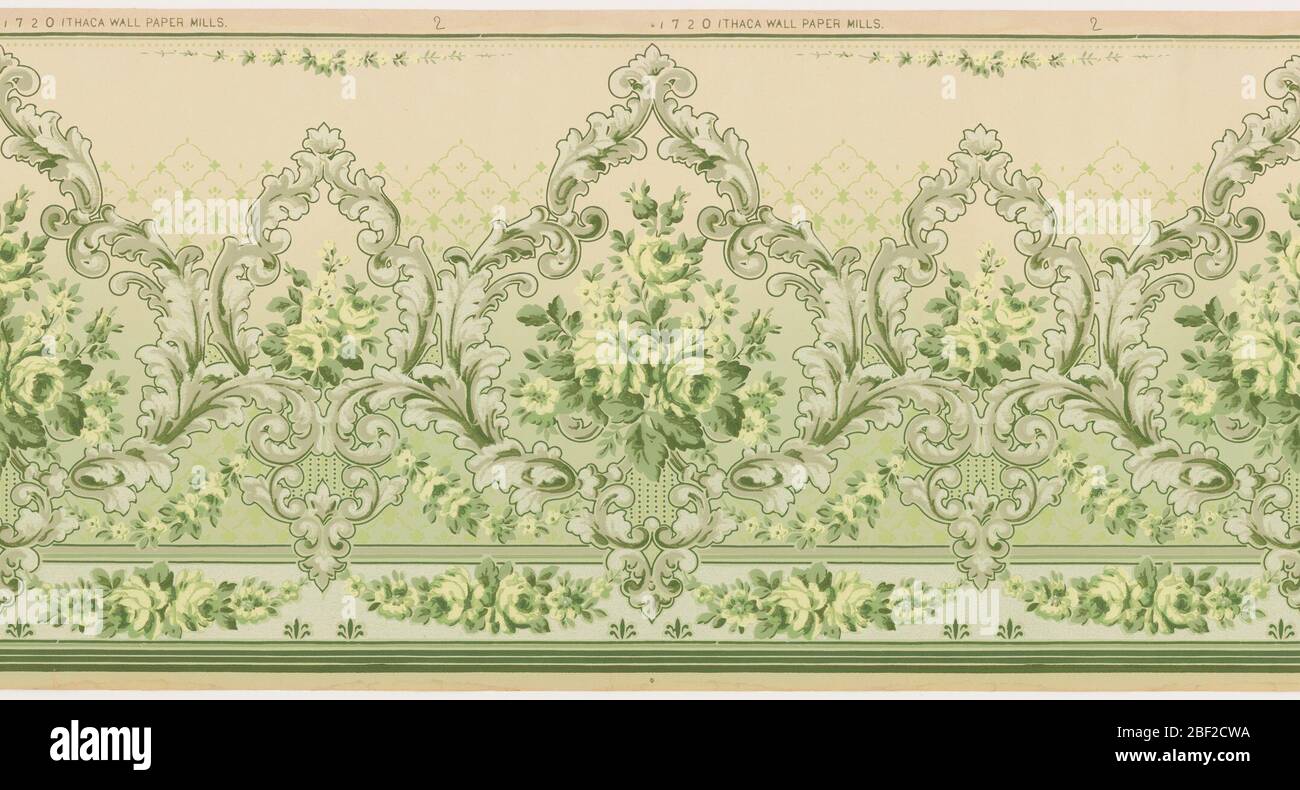 Frieze. Alternating large and small foliate medallions. A large floral swag hangs beneath the large foliate medallion. Printed in white, and shades of green, gray, and pink. Stock Photo
