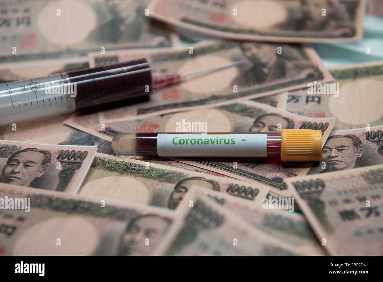 Japanese yen and negative test at coronavirus. Stock Photo