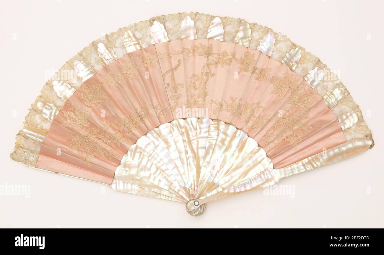 Pleated fan. Pleated fan, pink satin leaf with applied decoration of