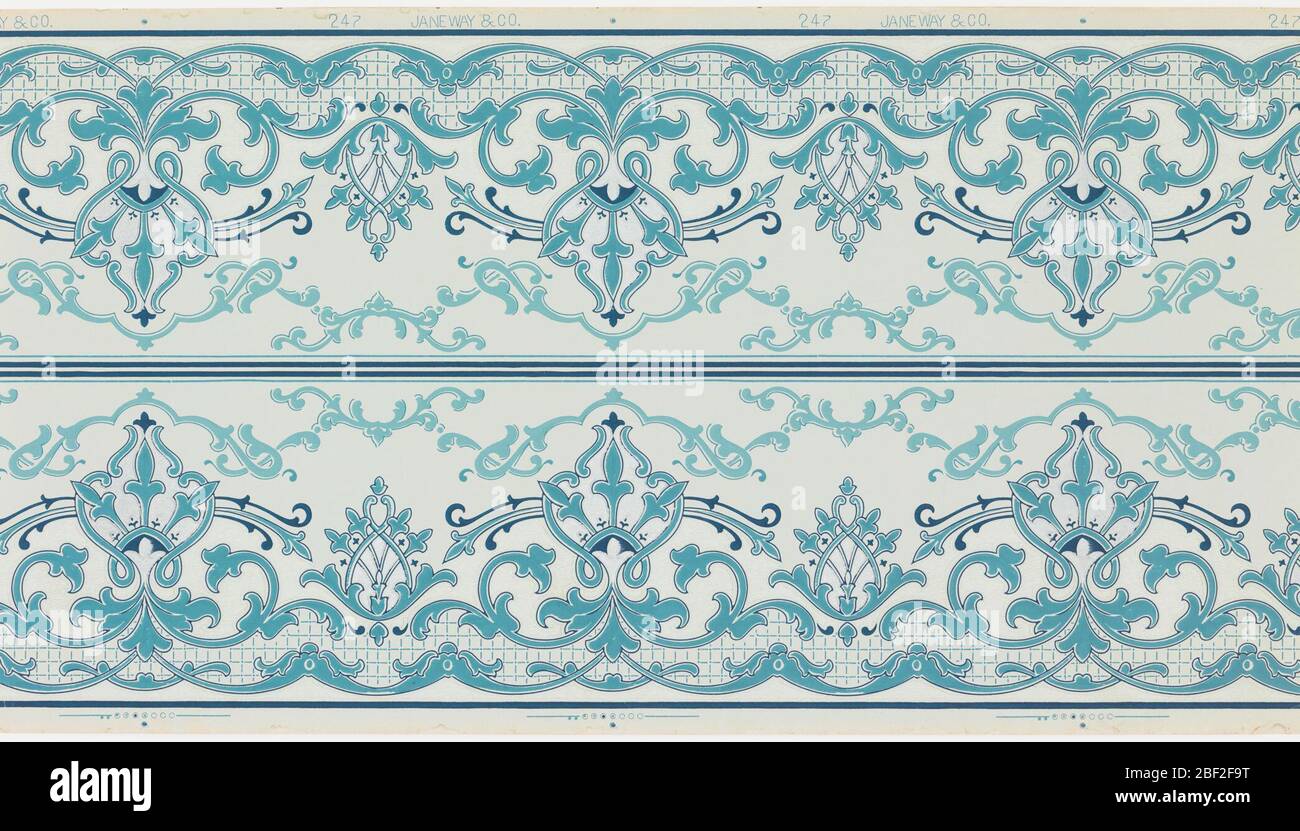 Frieze. Borders pritned two across the width. Alternating taller and shorter foliate medallions, connected by foliate scolls along top. Printed in shades of blue on blue ground. Stock Photo