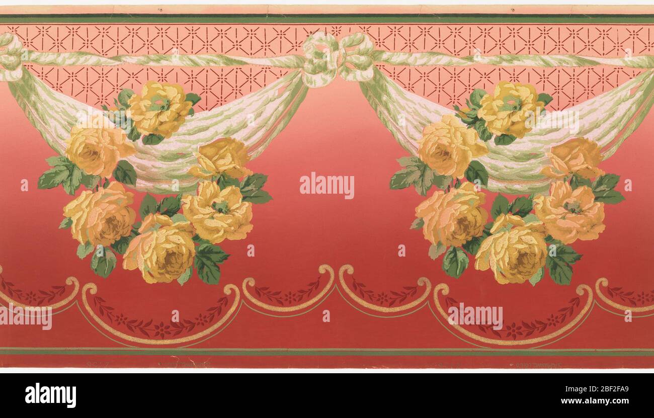 Frieze. Repeating yellow rose wreaths (each with six flowers) over ...