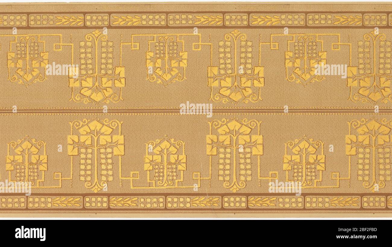Frieze. Printed two across. Stylized foliate medallions, alternating large and small, printed in metallic gold. Beading across top with broken band of squares and foliage along bottom edge. Printed on tan ground. Stock Photo