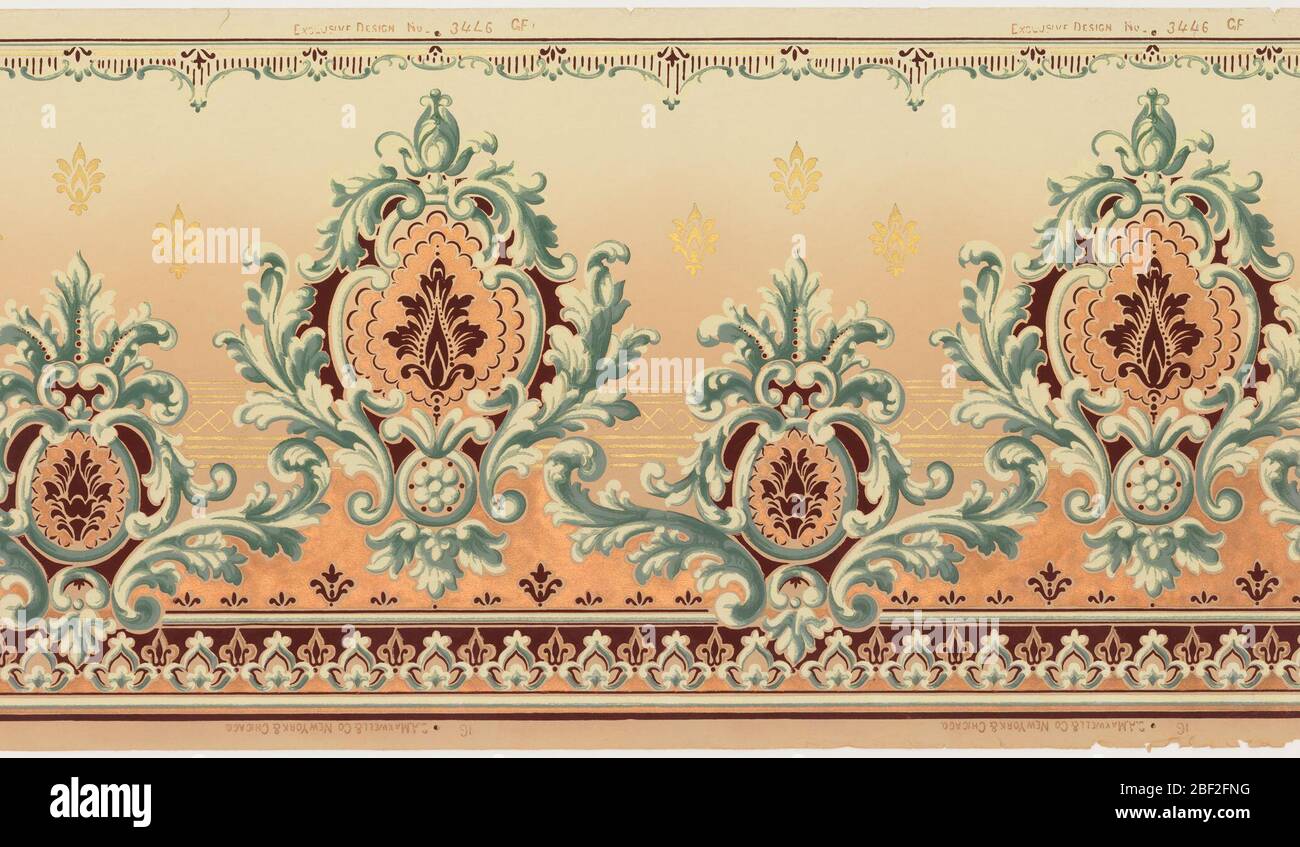 Frieze. Alternating large and small acanthus medallions with floral motif centered in each. Metallic gold floral motifs in upper background and metallic gold stripes across middle ground. Metallic copper fill in medallions and appearing on lower portion. Stock Photo