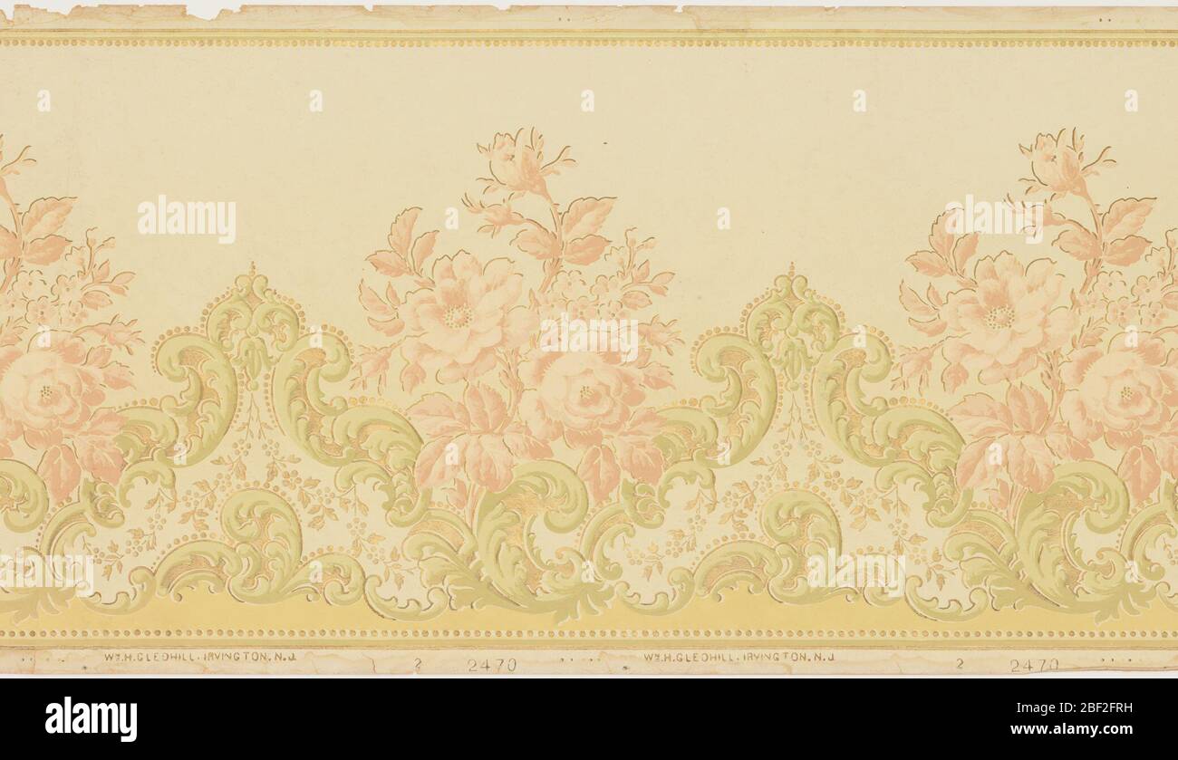 Frieze. Stylized rose alternating with acanthus or foliate medallions. Strung beads along top and bottom edges, also outlining medallions. Printed in soft pink and green on light yellow ground. Stock Photo