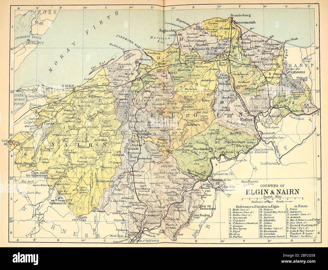 Map of the Counties of Elgin and Nairn, Scotland, circa 1891 Stock Photo