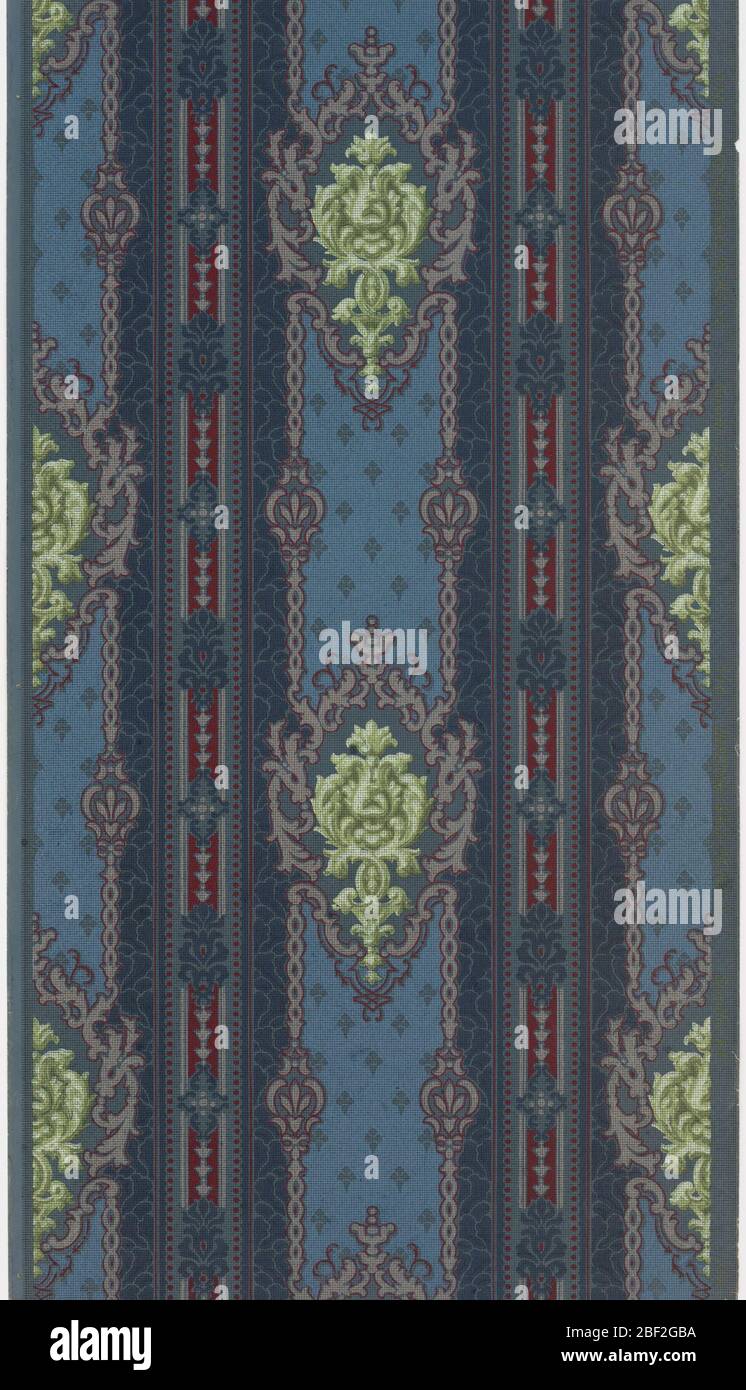 Sidewall. Bold multi-color stripe, alternating with foliate medallions. Printed in blue, red and green on blue ground. Stock Photo