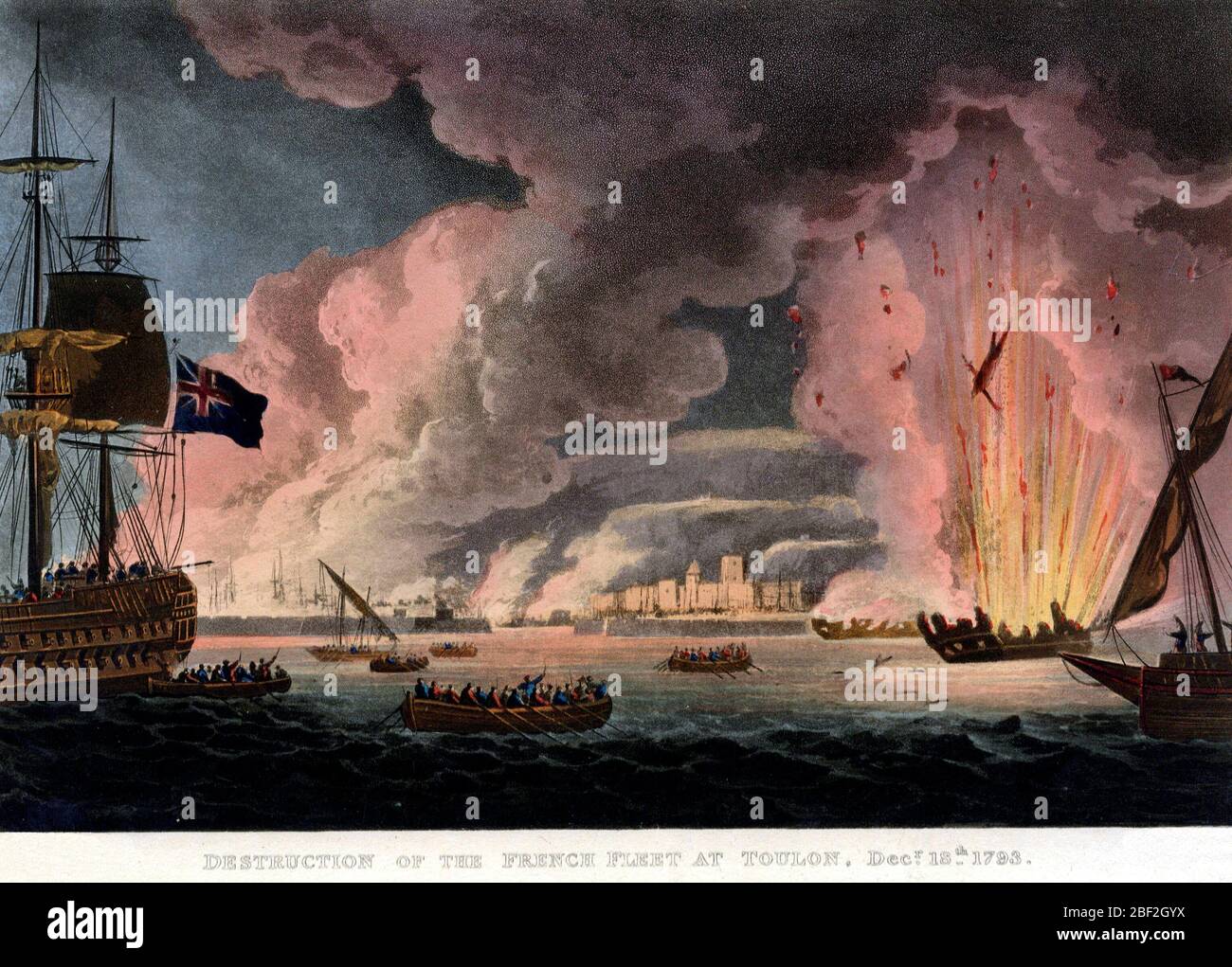 Destruction of the French Fleet at Toulon 18th December 1793 - Thomas Whitcombe, 1816 Stock Photo