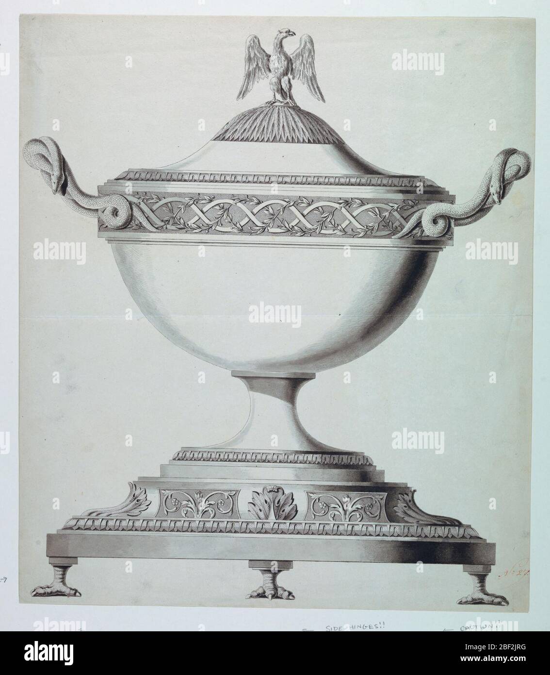 Design for a Tureen. The vessel is banded by an interweaving vine and ribbon meader. The finial is a spread eagle and coiled snakes form the handles. The base rests on birds' feet and is decorated with acanthus leaves and flowers. Stock Photo