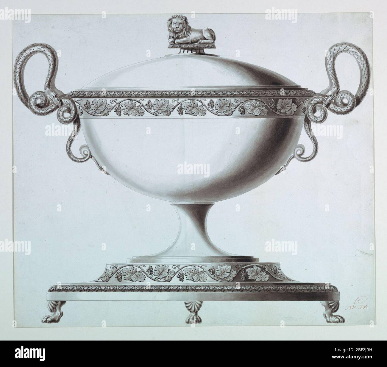 Design for a Tureen. The vessel is banded with a grapevine meander. The finial is in the form of a crouching lion, and coiled snakes, form the handles. The base rests on paw feet and is encircled iwth a similar grapevine meander band. Lower right (in red ink): 'No. 21.' Stock Photo