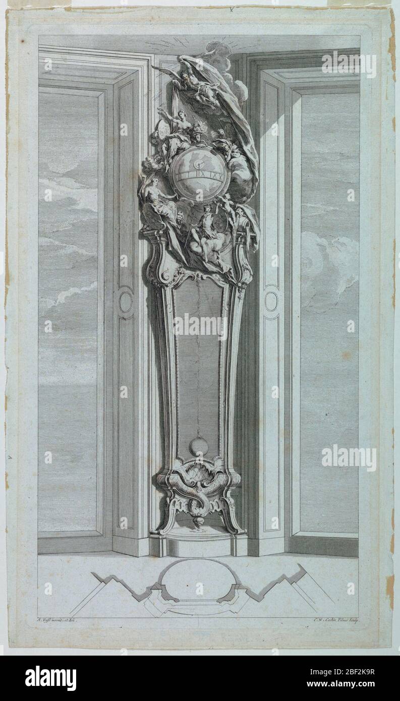Design for a LongCase Clock in a Niche. Frontal view of a tall clock. The top decorated with globe and allegorical figures around it. In foreground, groundplan of the clock. Inscribed, lower left: 'A. Vassé invenit, et deli'; lower right: 'C.N. Cochin Filius Sculp.' Stock Photo
