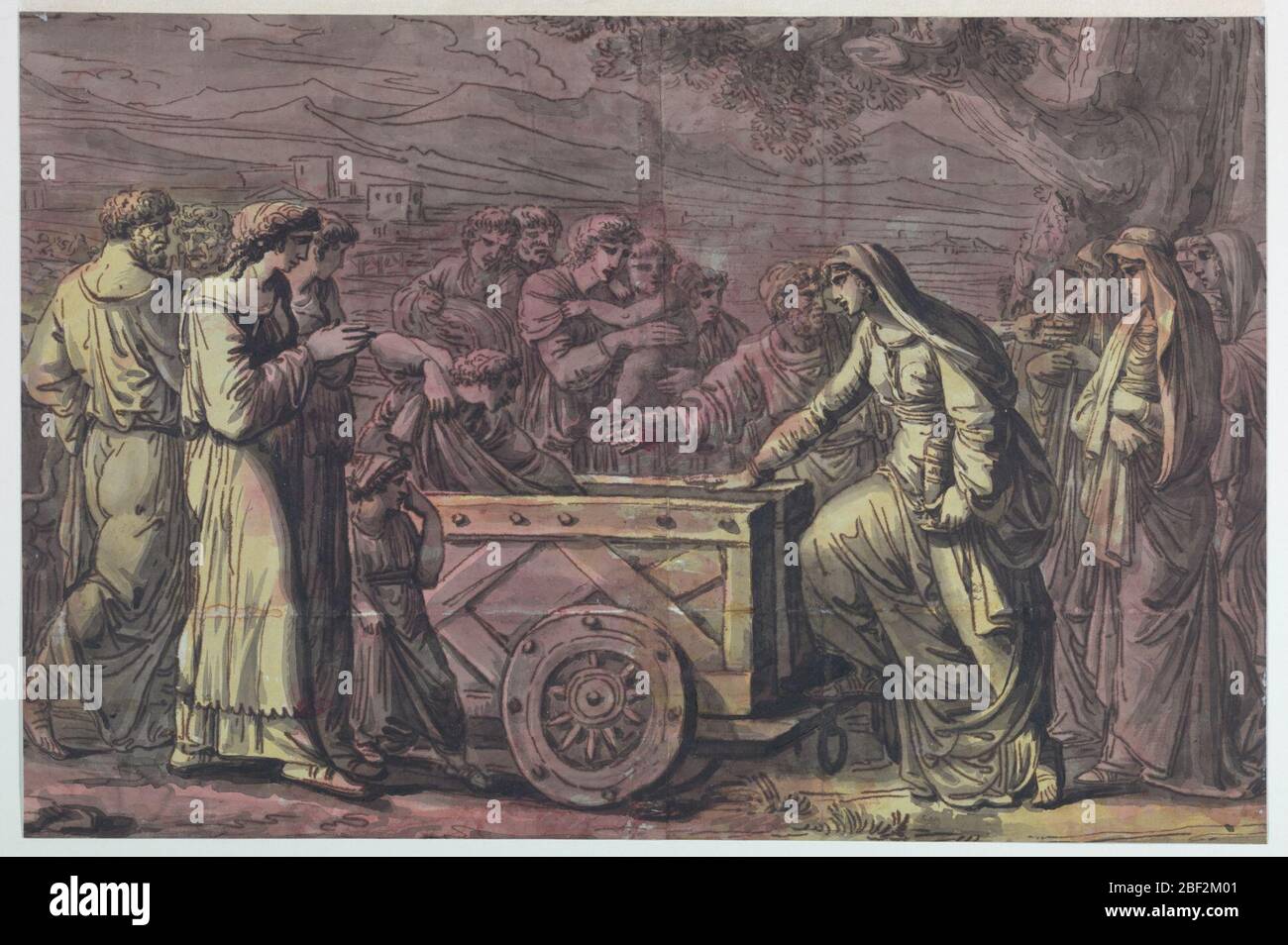 Lucius Albinius Rescues the Vestal Virgins. Five Vestal Virgins, holding urns, are being ushered into a two-wheeled cart. A group of lamenting figures, including children, surround them. Stock Photo