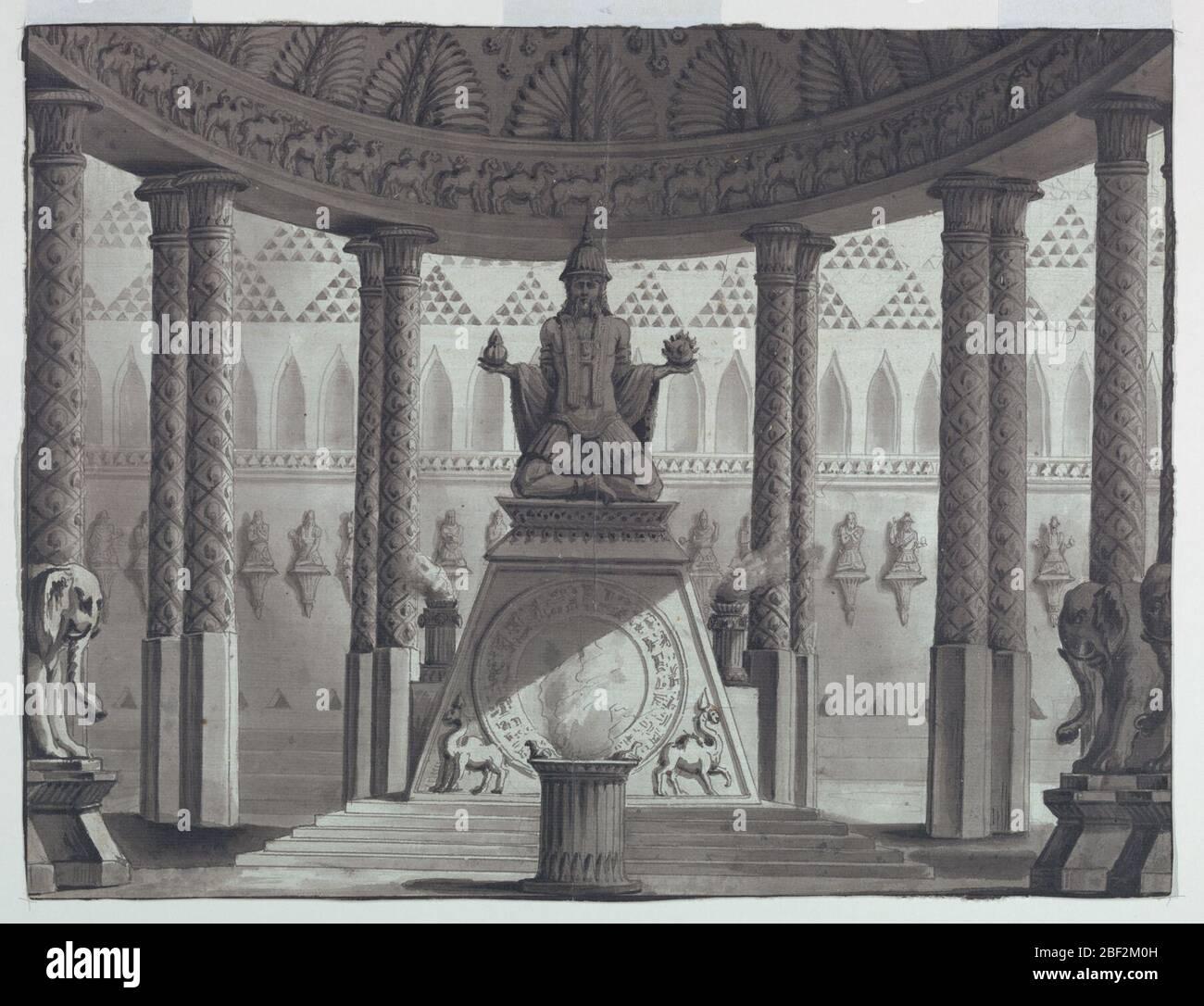 Stage Design Oriental Temple. Horizontal rectangle. Image of god on pedestal int emple. Representations of other gods, elephants, and camels. Incense burning. Stock Photo
