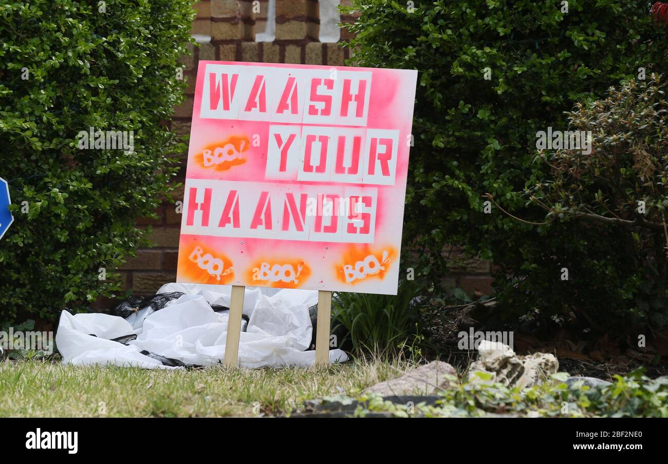 St. Louis, United States. 16th Apr, 2020. A sign reminding people to wash their hands is found in front of a home during the coronavirus pandemic in St. Louis on Thursday, April 16, 2020. Currently, St. Louis City has 743 cases of coronavirus and 27 deaths, as a result. Photo by Bill Greenblatt/UPI Credit: UPI/Alamy Live News Stock Photo