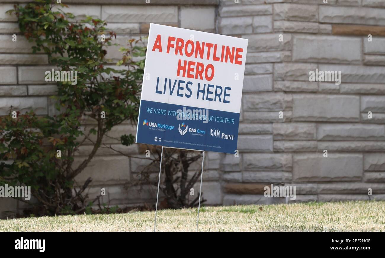 St. Louis, United States. 16th Apr, 2020. A sign reminding people that a hero lives there, is found in front of a home during the coronavirus pandemic in St. Louis on Thursday, April 16, 2020. Currently, St. Louis City has 743 cases of coronavirus and 27 deaths, as a result. Photo by Bill Greenblatt/UPI Credit: UPI/Alamy Live News Stock Photo