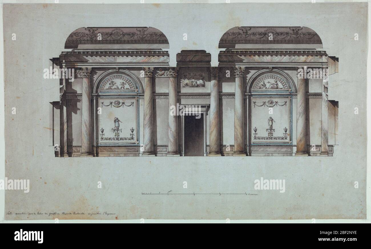 Wall Elevation Alexander Palace TsarkoieSelo Russia. Elevation of a wall. Horizontal composition in which two pairs of embedded columns flank a low and narrow door. Wall panels with arched, shallow straight niches follow them and are flanked at the either side by columns and pilasters. The panels are decorated. Stock Photo