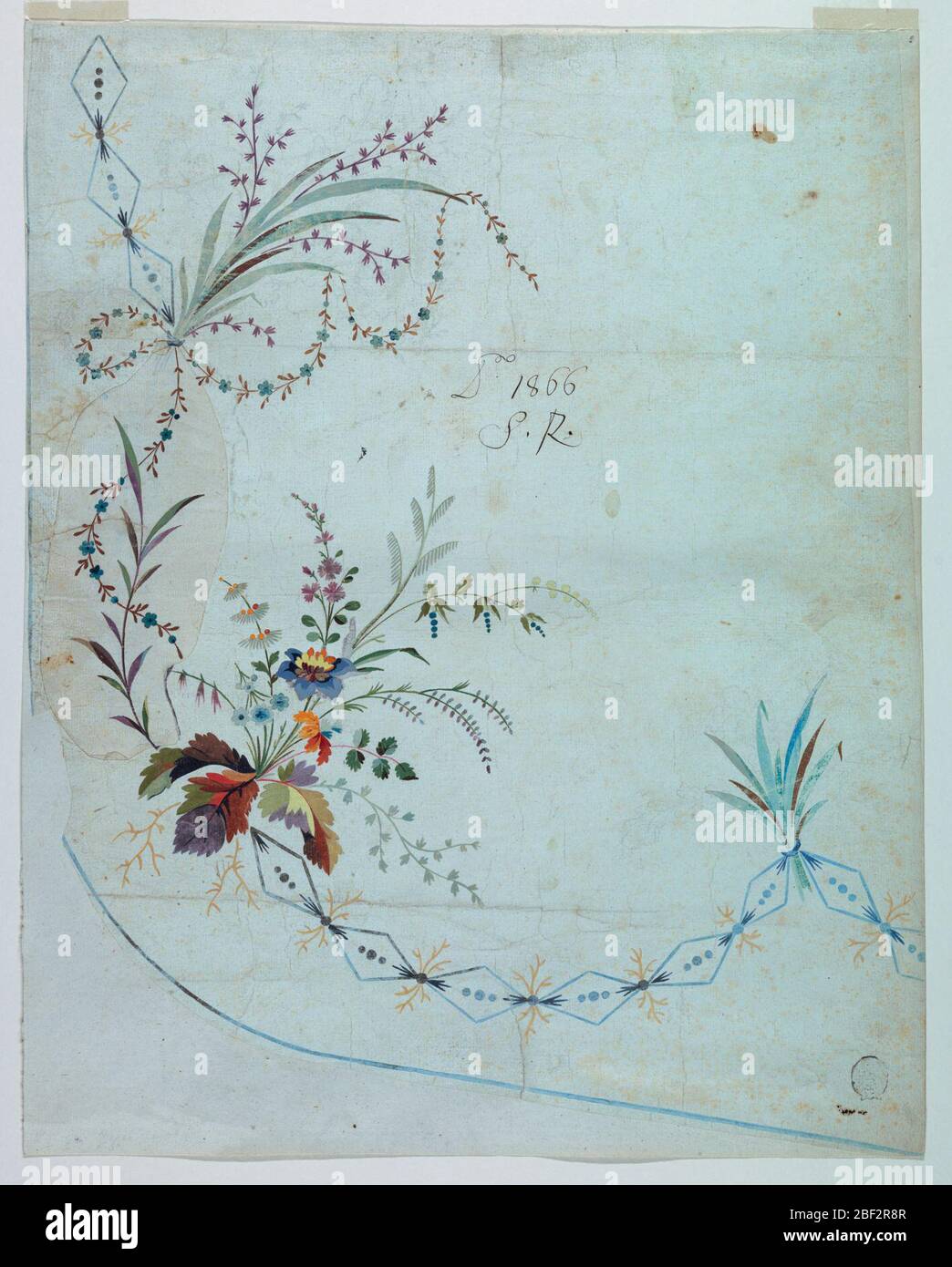 Design no 1866 for the Embroidery of the Lower Front Part of an Overskirt of the Fabrique de St Ruf. Bunches of flowers and of leaves rise from the framing which is formed by a chain of lozenges. Over its central part at left is pasted a piece of paper suggesting a frame formed by a leaf bough and a garland. A line along the hem. Stock Photo