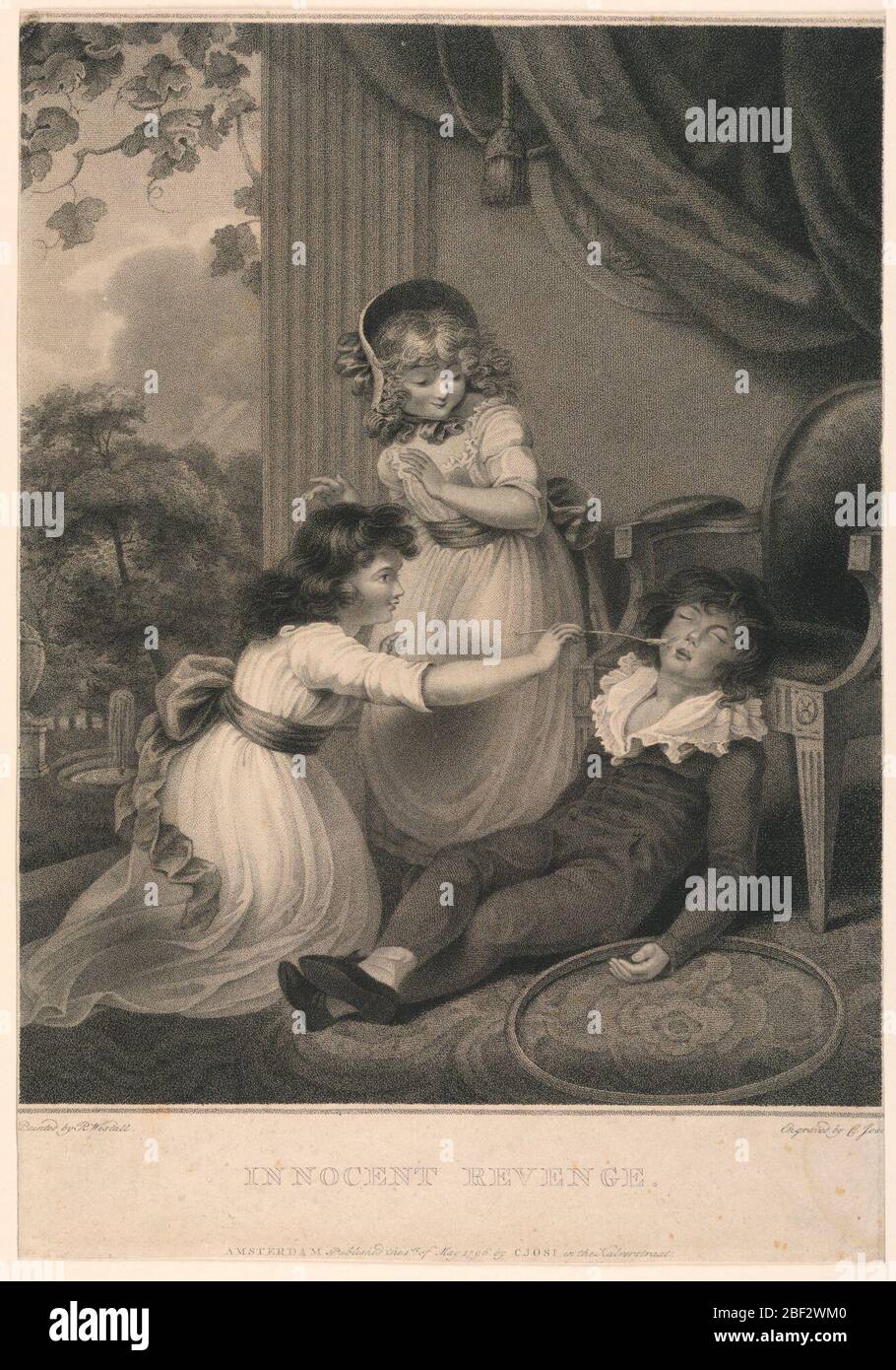 Innocent Revenge. Children at play. Two little girls tickle the nost of
