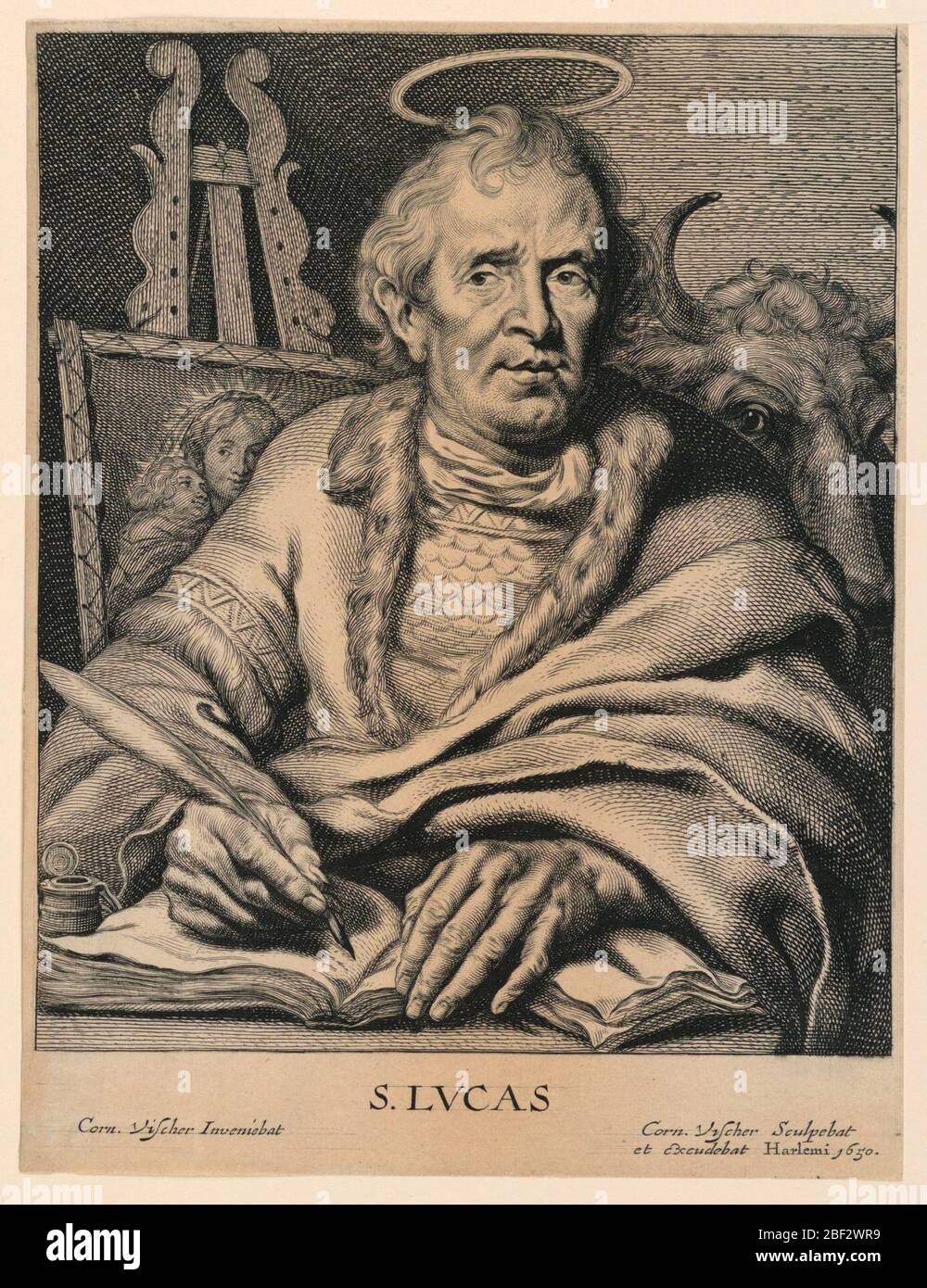 St Luke S Lvcas. St. Luke sits at a table writing his gospel in a book. He writes with a quill pen in his right hand and holds the book open with his left. He is accompanied by his attribute, the ox which appears just behind the Saint's shoulder at right. Stock Photo