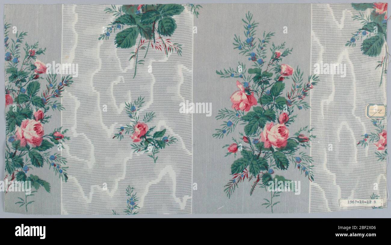 Textile. Three pieces, same ground design but different floral patterns. Ground printed , probably by Molette, in two wide stripes in grey, one in very narrow pin stripe, one in horizontal bars of minute dots with moire effect in white. Stock Photo