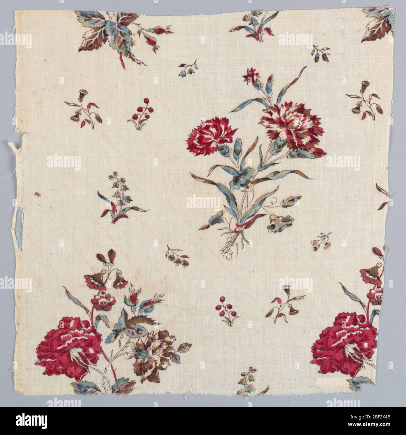 Textile. Straight repeat of widely-spaced blue flowers on an undyed ...