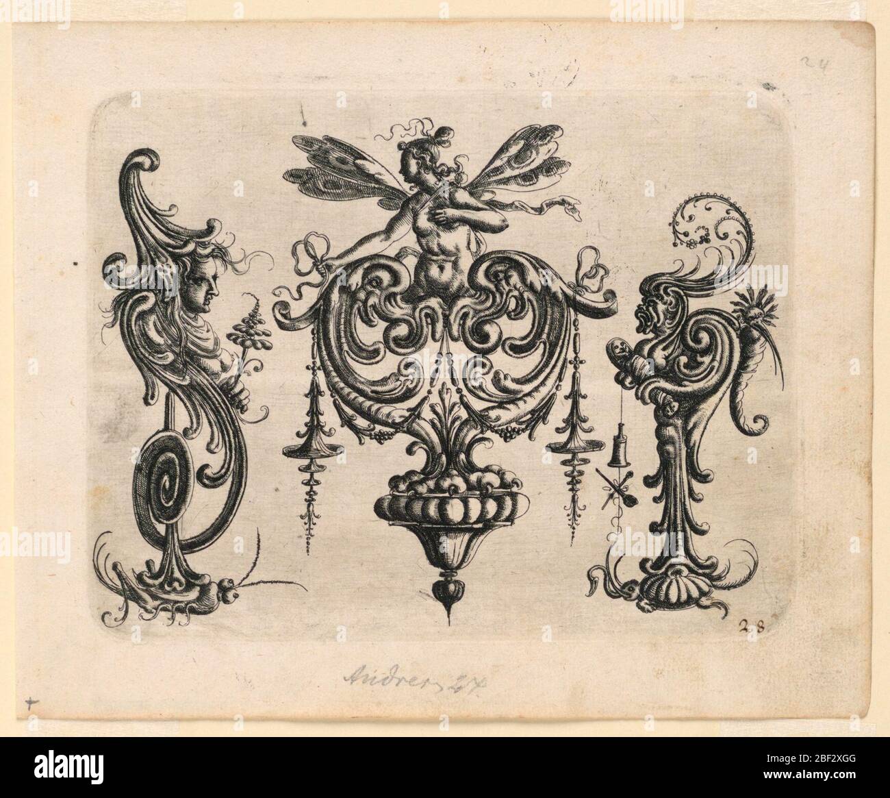 Plate 28 from New Grotteken Buch New Grotesque Book. Ornamental cartouche composed of auricular, cartilage-like form in a heart shape, surmounted by a half-length female winged figure. At either side, similar forms of volute shape rest on a grasshopper, left, and a tortoise, right. Stock Photo