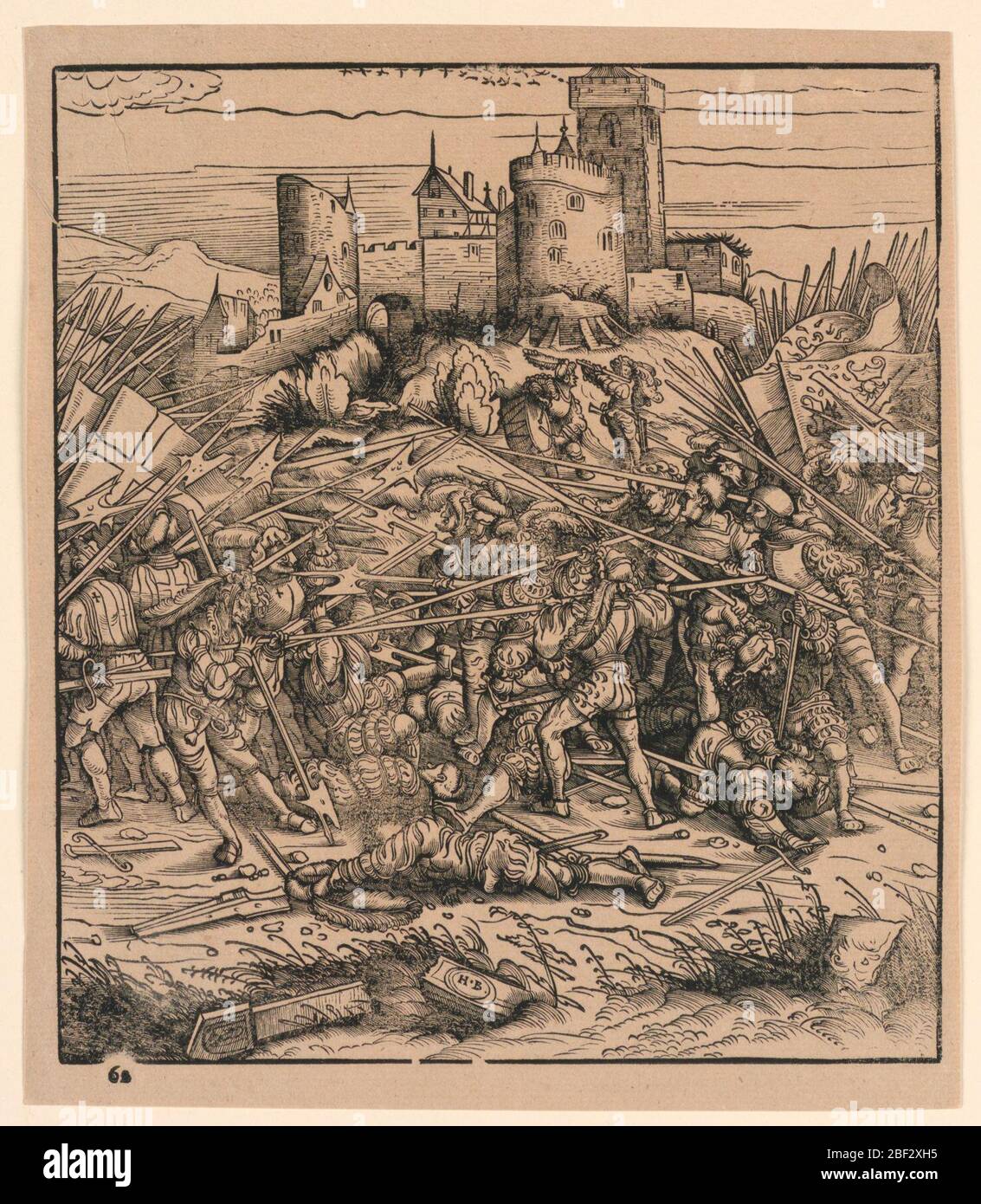 The Battle at Nauders from Der Weisskunig. Two opposing forces battling fiercely in the foreground. A fortified castle in the distance. Initials 'H.B.' in oval at lower center. 'No. 60[?],' in margin, lower left. Stock Photo