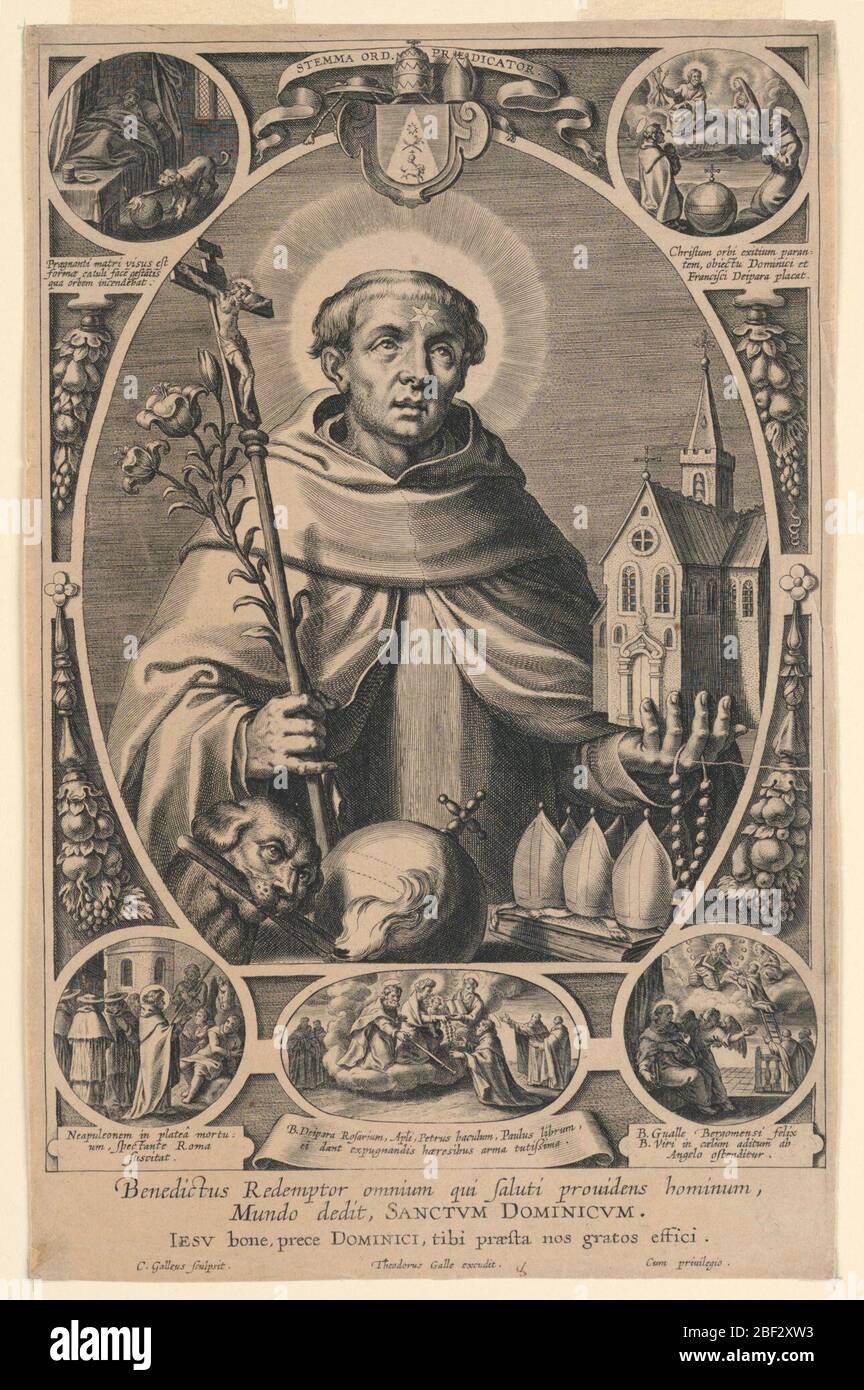 Saint Dominic Saint Dominic In Center Oval Looking Up Toward The Right A Star On His Forehead He Holds A Crucifix And Lily In His Right Hand A Church And Rosary In