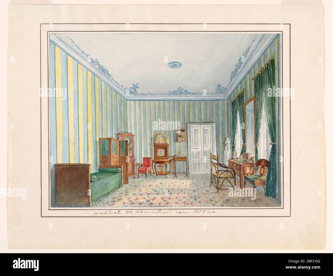 Bedroom in a Country Dacha. The location of this room is identified as the country house of the Kishkovsky family in Russia. The coved ceiling is decorated in a blue design, the walls are papered in yellow and blue stripes and the floor is carpeted in a geometric pattern. Stock Photo