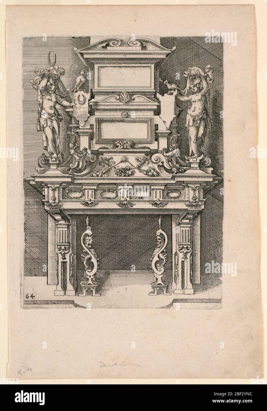 Fireplace. Highly ornamented fireplace with figures, animals, and vegetal forms. Stock Photo