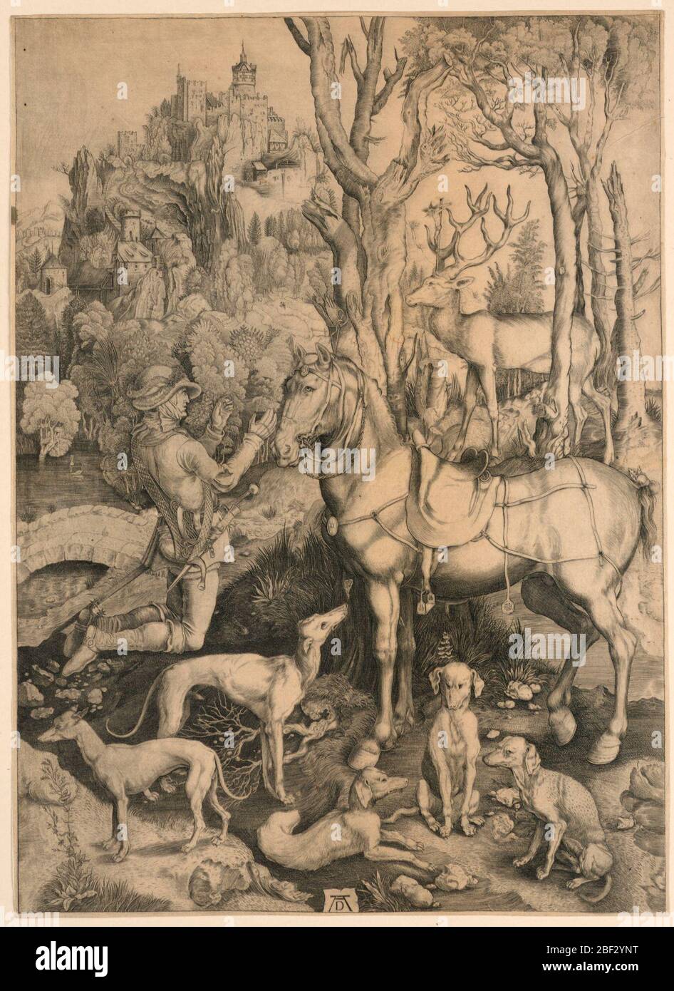 Saint Eustace. The saint is shown in profile, kneeling, facing right