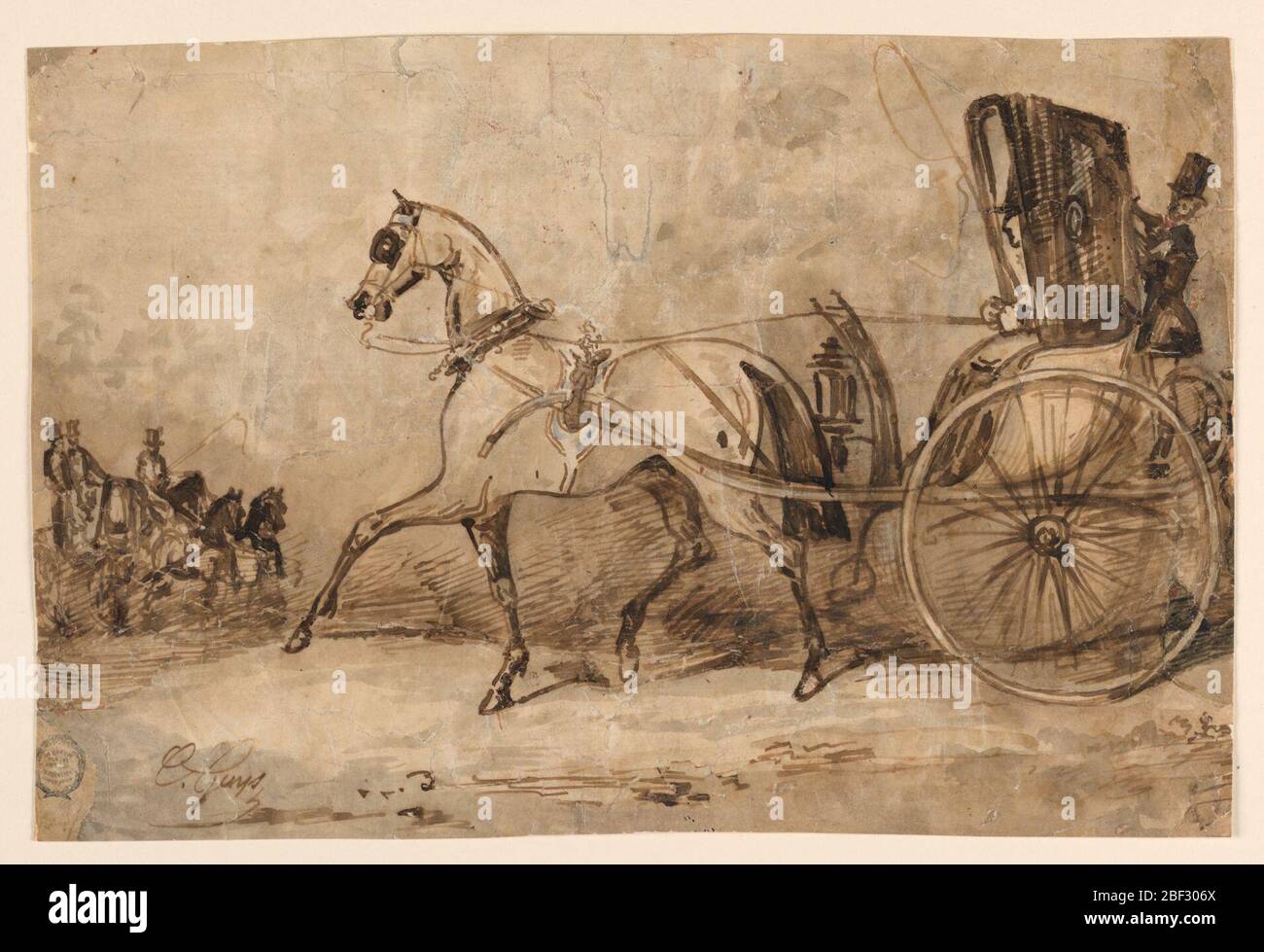A Horse and Carriage. Horizontal rectangle. A gentleman driving a calash with a footman behind. Coming toward him on the left, a coach drawn by two horses with two footmen behind. Stock Photo