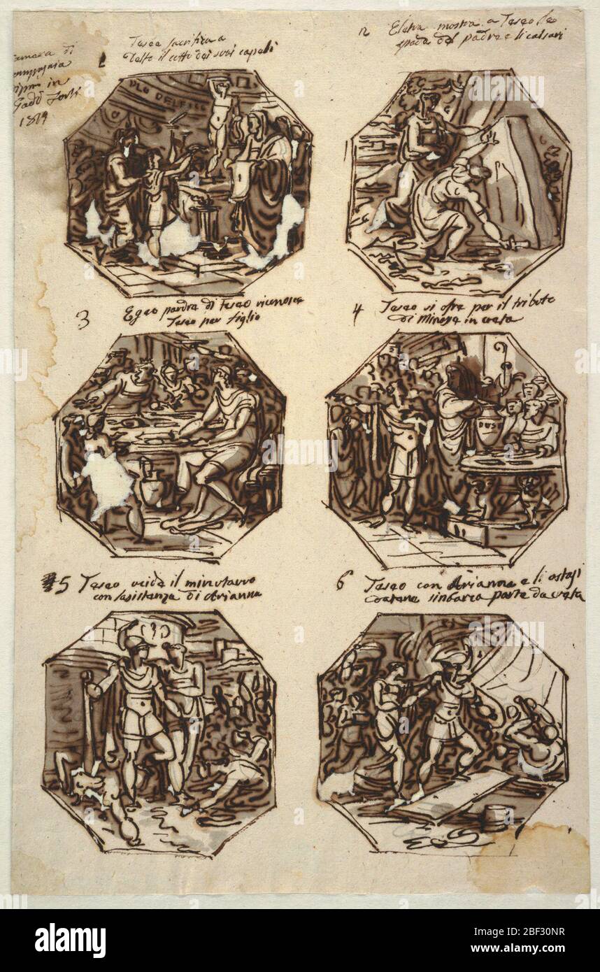 Six Theseus Subjects for the Palazzo Gaddi Forli. Six octagonal drawings of Theseus subjects. Written top left, 'Camera di/ compagnia/ dipinto in/ Gaddi Forli/ 1819.' Top row: Theseus as boy sacrifices hair to Apollo in Delphi. Accompanied by mother, Aethra, and companions, boy raises hair to statue of gods. Stock Photo