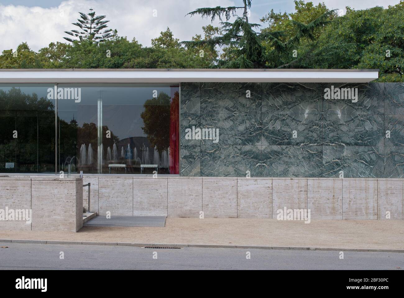 1920s Iconic Architecture Modernism Modern Stone Glass Minimalism German Pavilion Barcelona Pavilion, Barcelona, Spain by Mies Van Der Rohe Lilly Reic Stock Photo