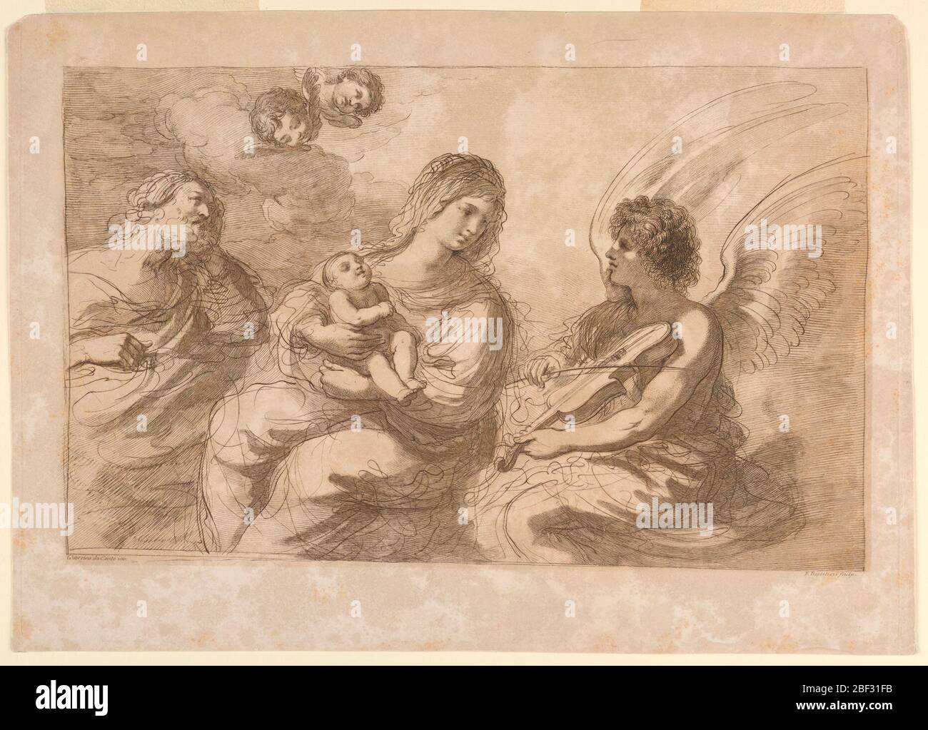 Virgin Infant and Joseph with an Angel Playing on a Violin. The Virgin seated, with the Infant in her arms, watches the Angel to her left, playing the violin. Joseph, left, faces them both. Two putti, upper left, look down. Below, the artists' names. Stock Photo