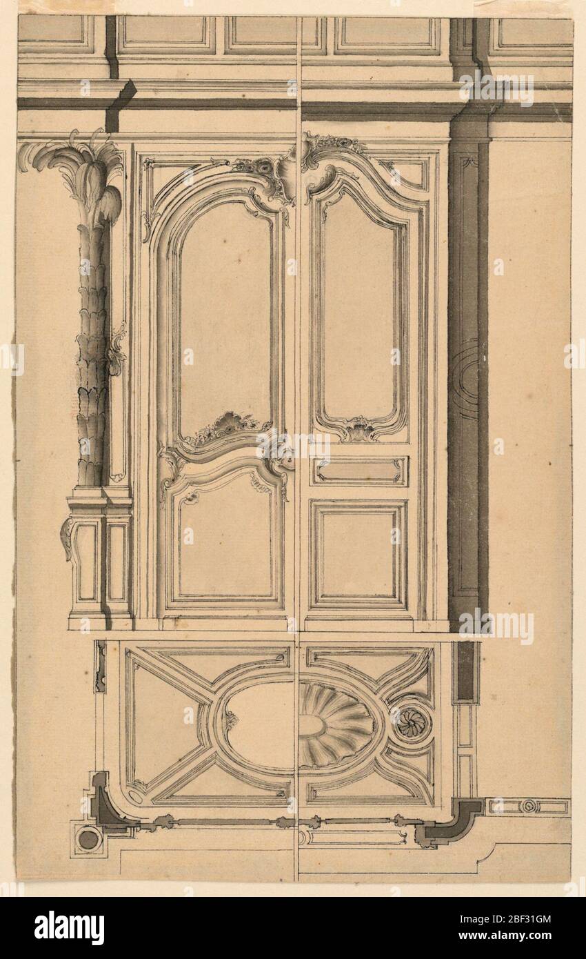 Design for a door of an organ loft. Variation of the designs of F.Cornille for Saint Roch in Paris of 1751, as engraved by A.Monchelet, plate 4. Stock Photo