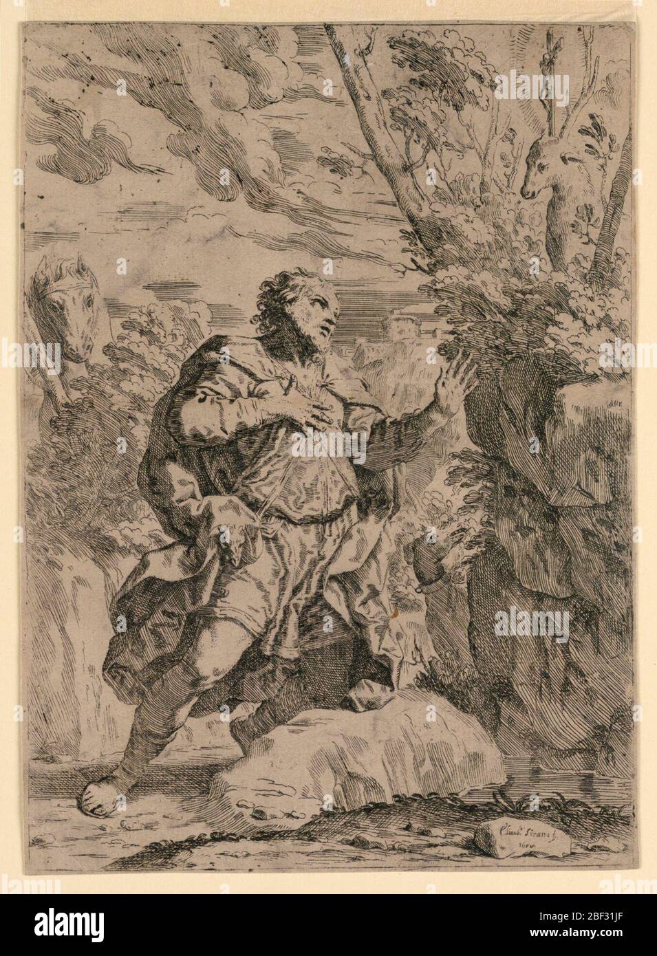 Saint Eustace. St. Eustace in a landscape, kneeling before a stag with