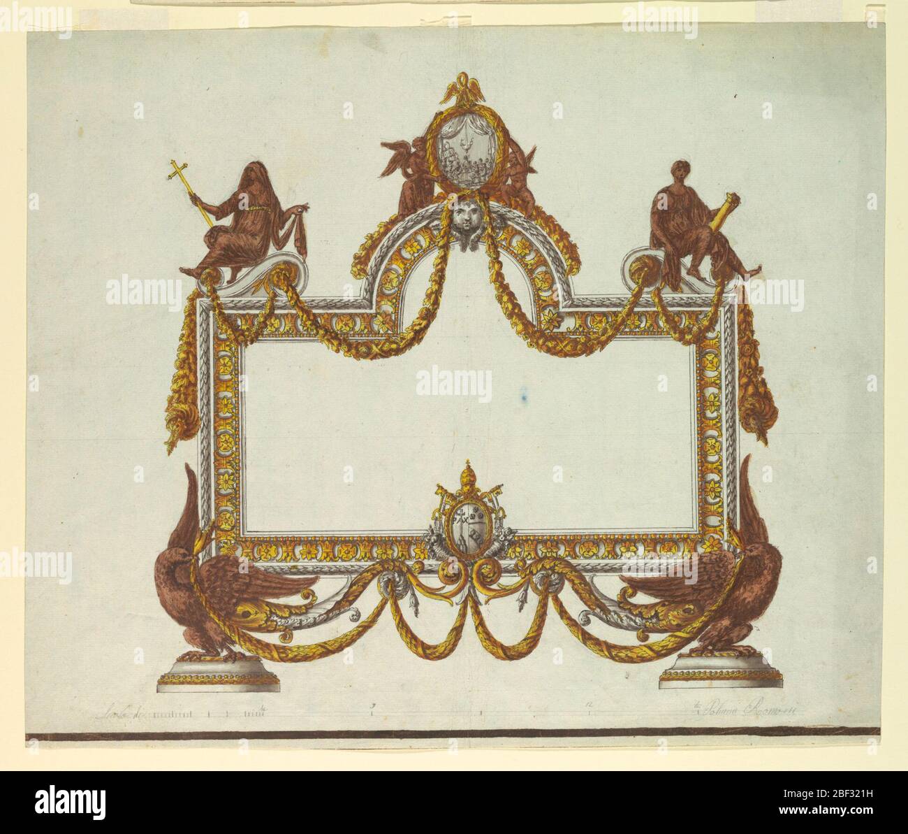 Altar Tablet with the Arms of Pope Pius VII. Vertical rectangle. Design for  altar tablet; an oval frame with the coat of arms of Pope Pius VII at  bottom, supported by two