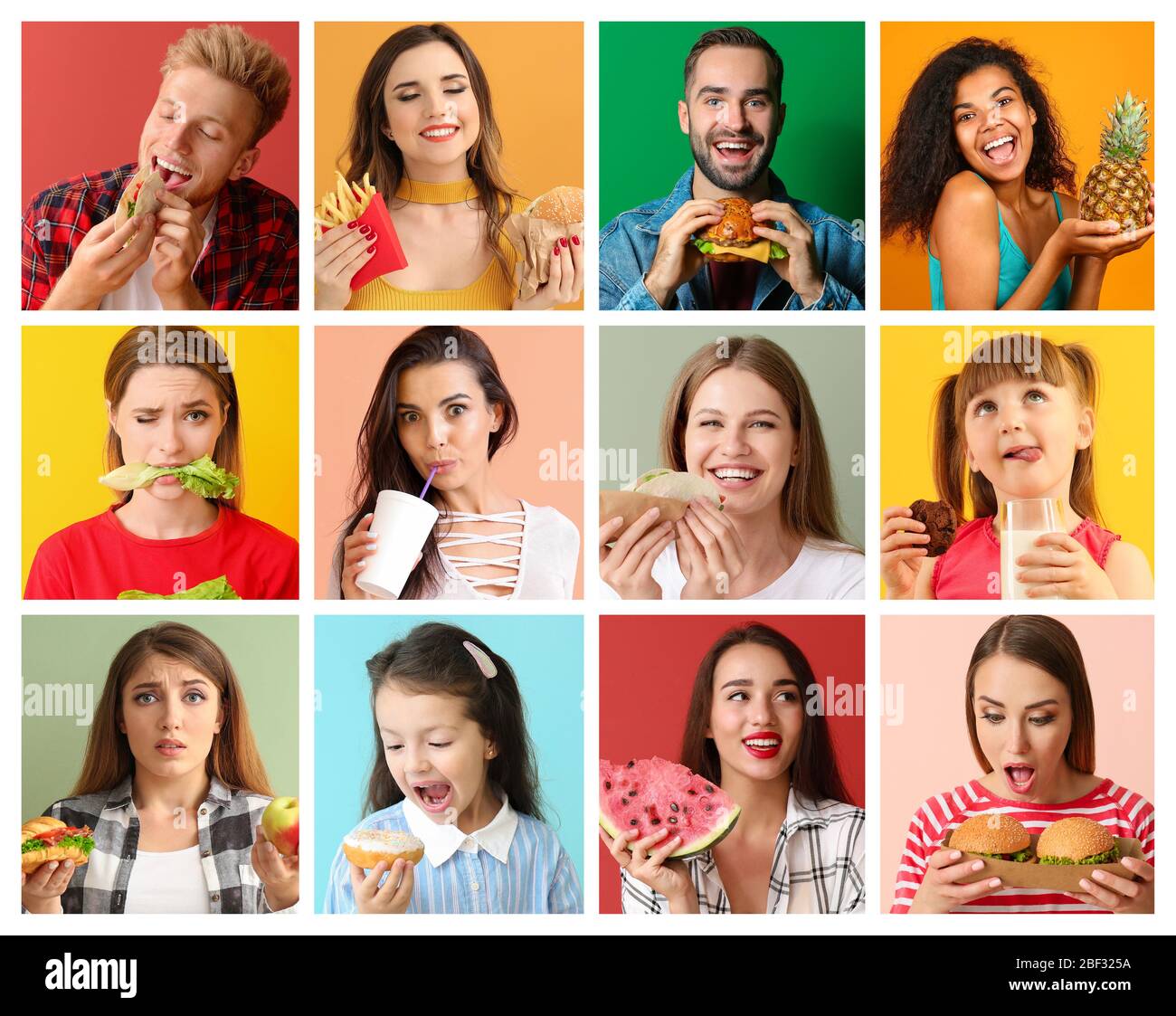 Collage of photos with different people and their tasty food Stock Photo