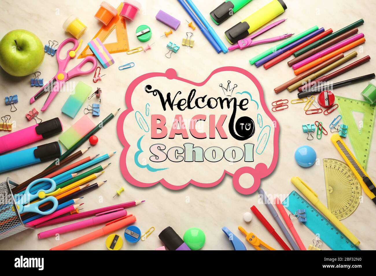 Text WELCOME, BACK TO SCHOOL and stationery on light background Stock ...