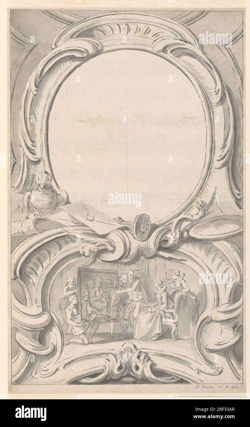 Design for Frame Surrounding the Portrait of Sir Francis Walsingham. Design for frame surrounding the portrait of Sir Francis Walsingham. Two escutcheons, the top one blank and intended for the portrait, surrounded by a mortar board, seal, book, and bird at lower left. Stock Photo
