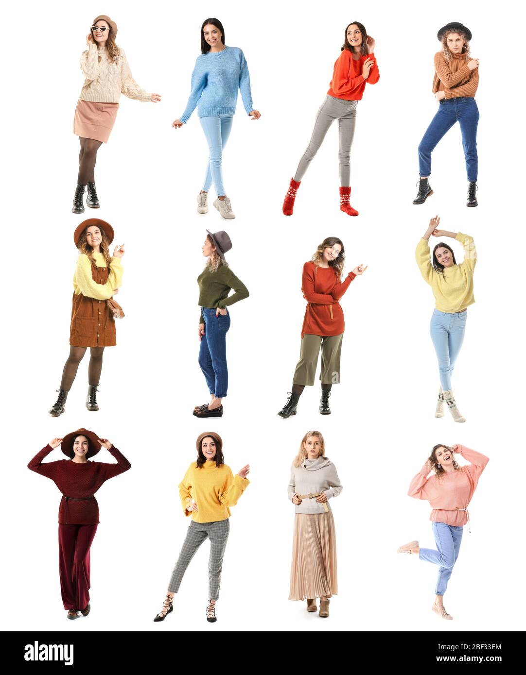 Collage with beautiful young women in warm sweaters on white background