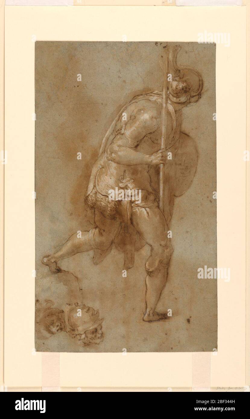 Soldier Running Study for Figure in Left Foreground Betrayal of Christ Rome S Maria della Consolazione Matttei Chapel Separate Studies of Two Heads. Vertical rectangle. Walking toward the right, shown in profile, carrying shield and spear. Descending. In the lower left corner are the heads of a young soldier and that of a bearded man, respectively. Stock Photo